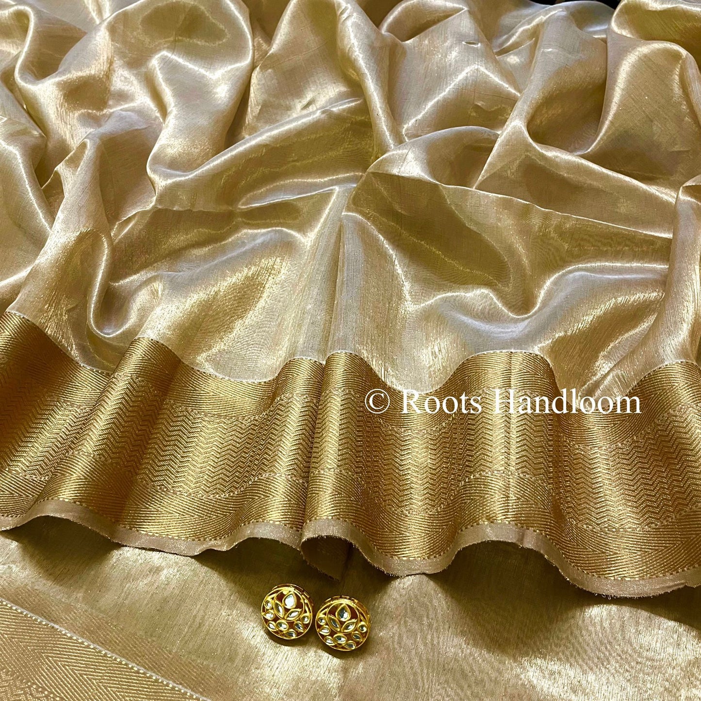Gold Maheshwari Tissue Silk Saree with Zari Border