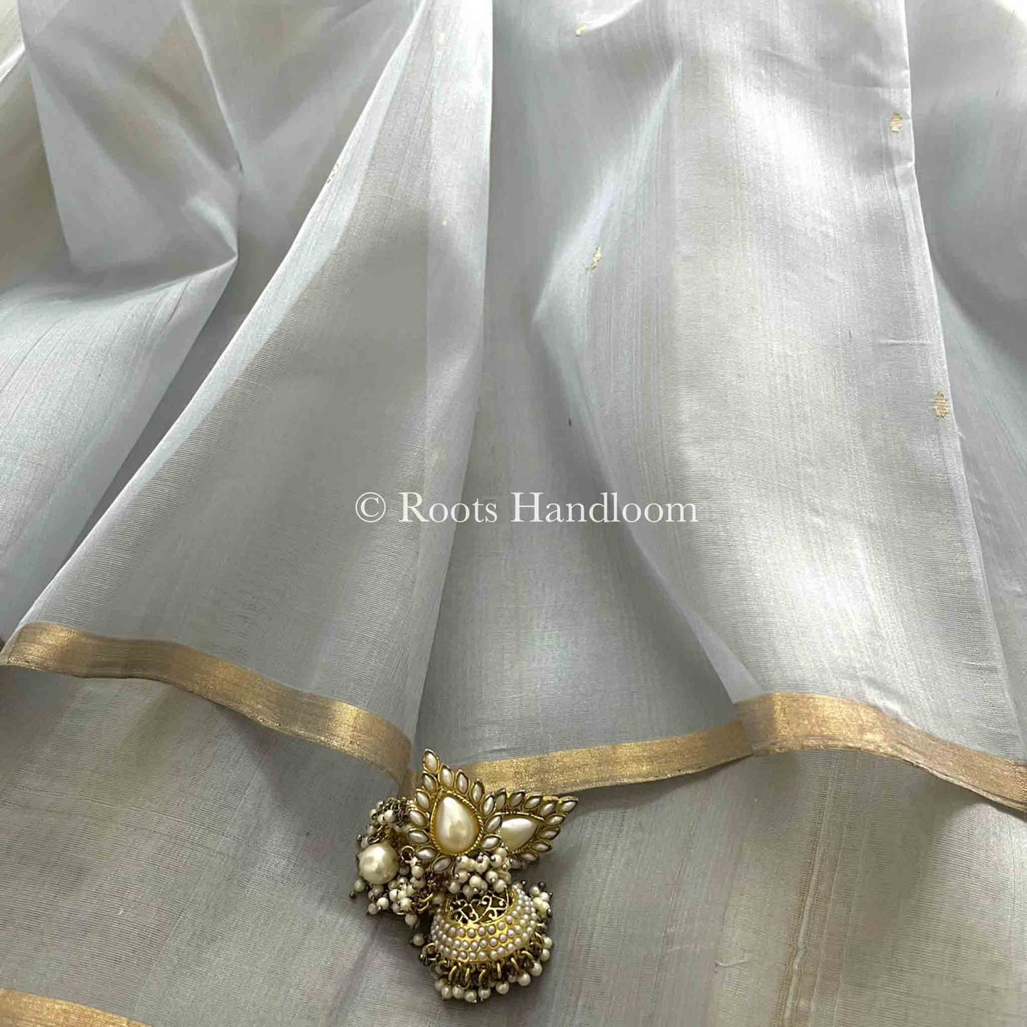 Gold Olive & Grey Chanderi Organza Silk Saree with Zari Bootis all over