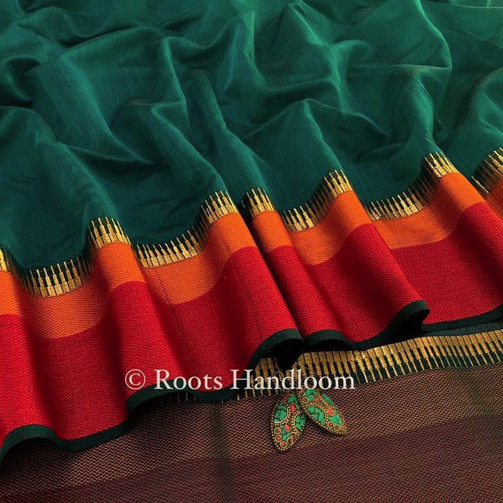 Dark Green Maheshwari Saree with Resham Border