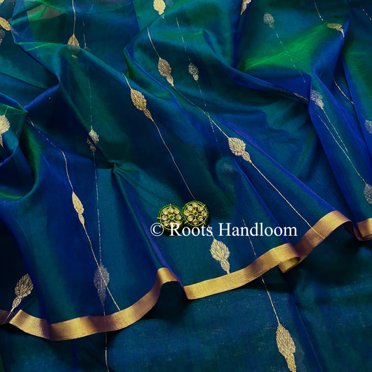 Peacock Blue & Green Dual Tone Chanderi Organza Silk Saree with Jhumka Motifs all over