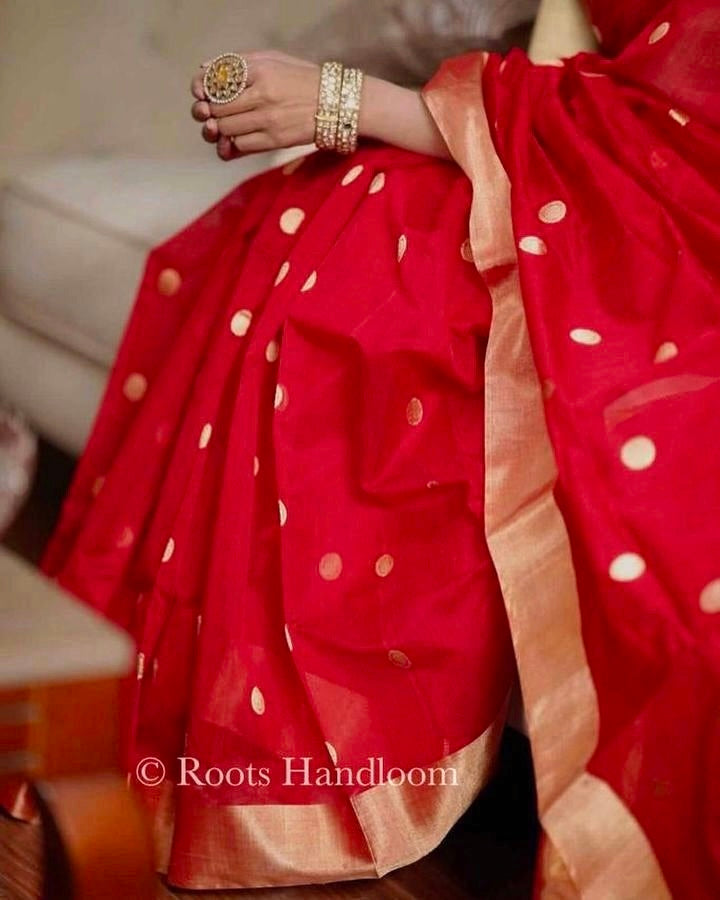 Red Chanderi Saree with zari bootis all over