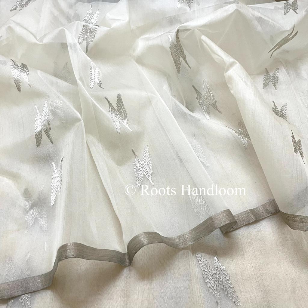 Pearl White Chanderi Organza Silk Saree with Feather Motifs all over