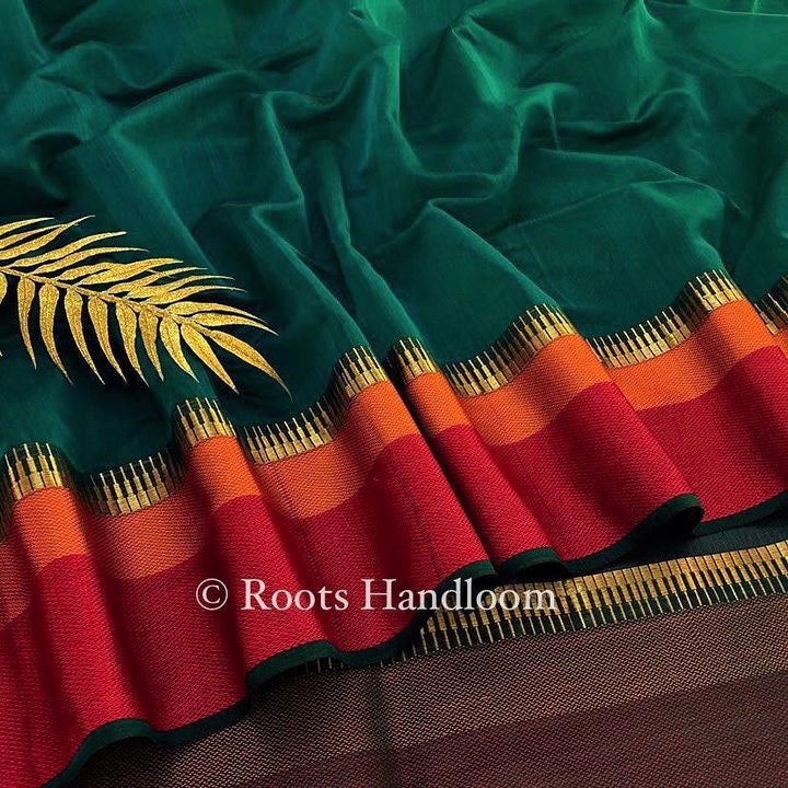 Dark Green Maheshwari Saree with Resham Border