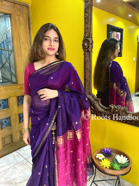 Dark Purple & Pink Maheshwari Saree with Flower Bootis all over