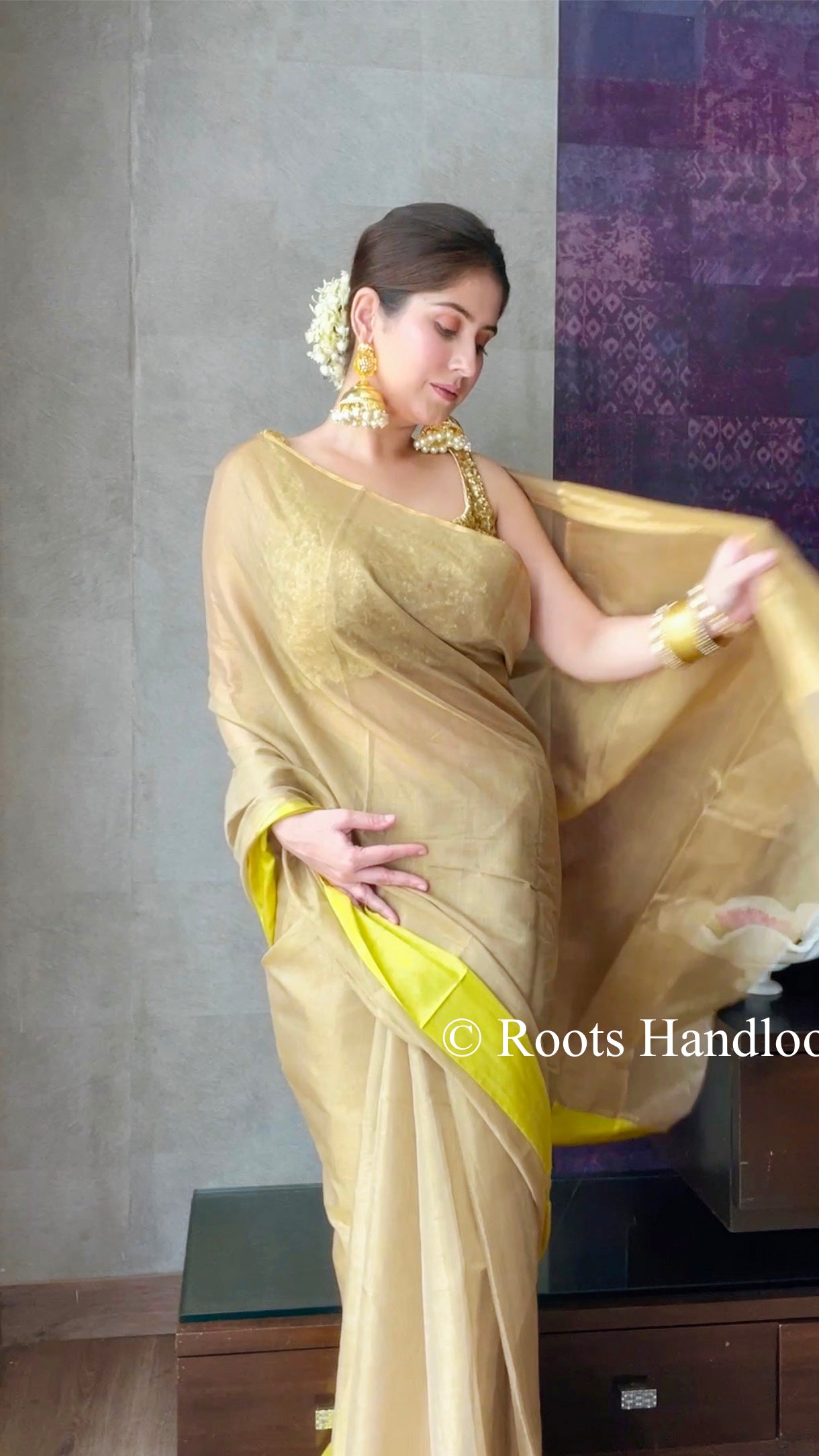 Grey Gold & Lemon Chanderi Tissue Silk Saree with Zari Lines on Pallu