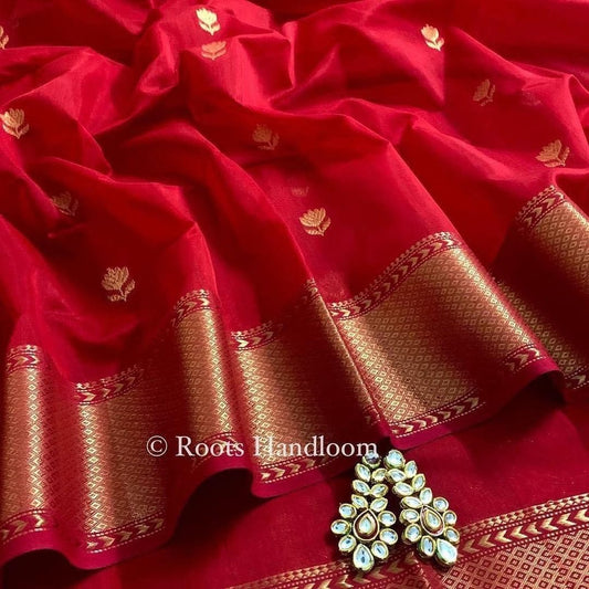 Red Maheshwari Saree with Flower Motifs all over