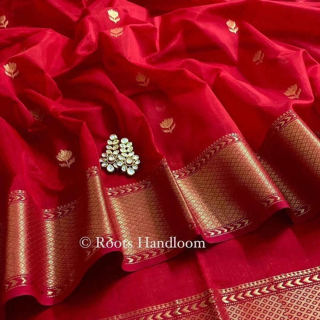 Red Maheshwari Saree with Flower Motifs all over