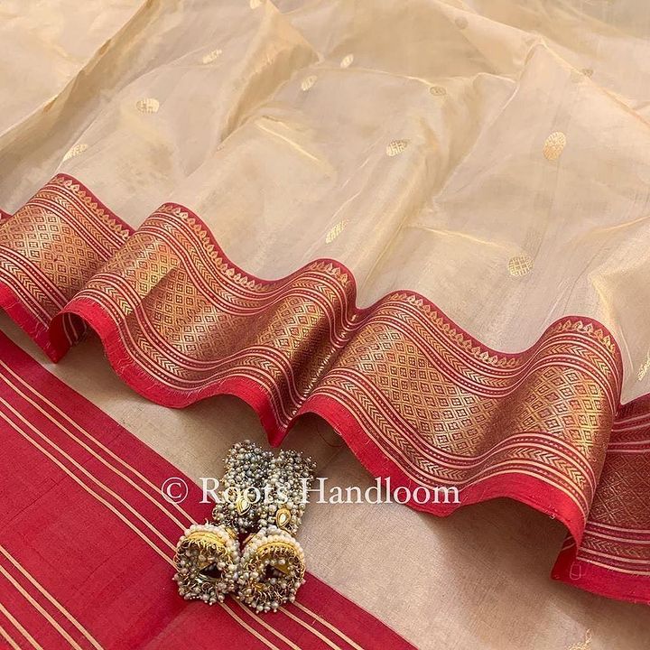 Gold Beige & Red Chanderi Silk Saree with Zari bootis all over