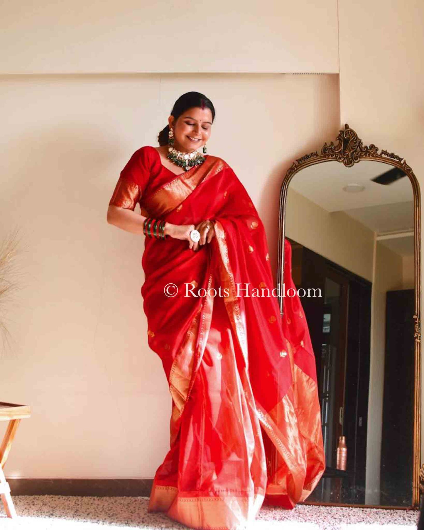 Red Maheshwari Saree with Flower Motifs all over