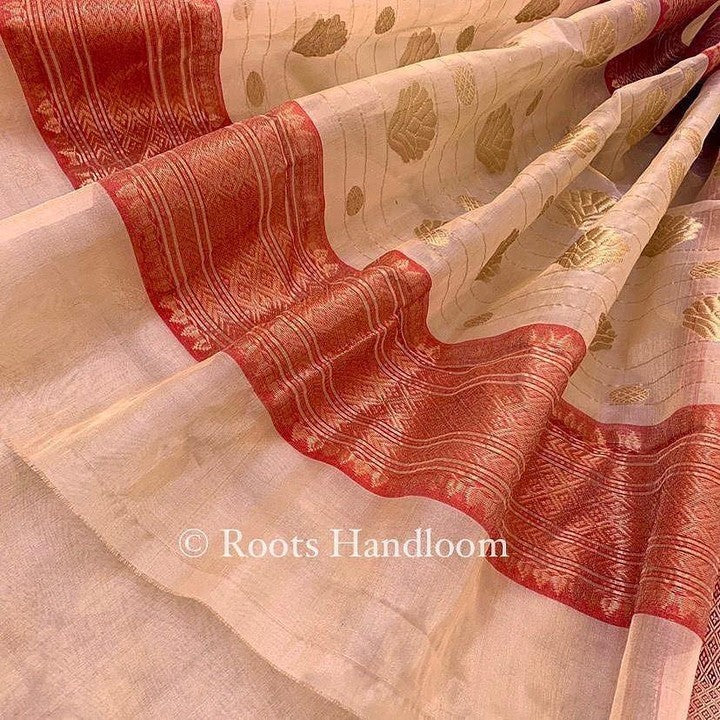 Gold Beige & Red Chanderi Silk Saree with Zari bootis all over