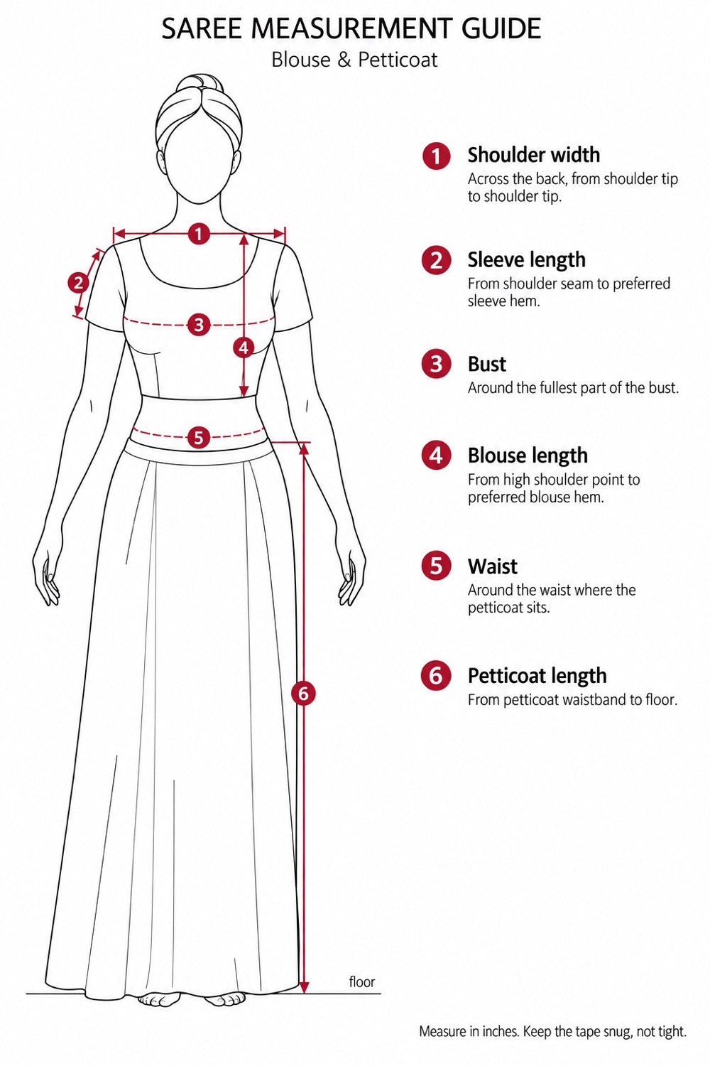Saree measurement guide: shoulder width, sleeve length, bust, blouse length, waist and petticoat length